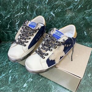 Golden Goose Women's White and Blue Sneakers with Gold Accents